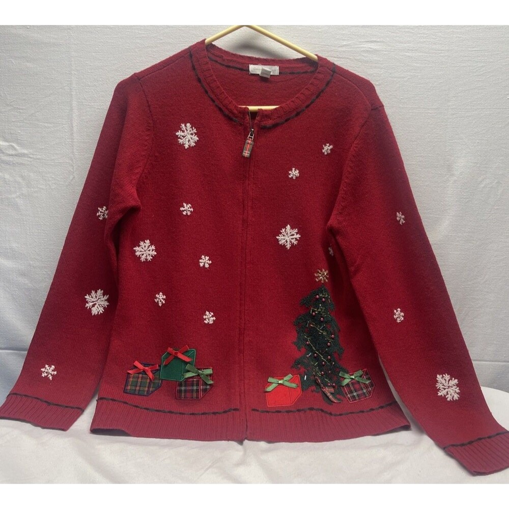 Charter Club Women's Medium Sweater Cardigan Red Christmas Tree Zip Snow EC